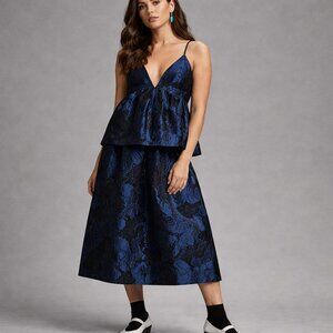 Anthropologie Dress Sleeveless Open-Back Midi Jacquard Fabric Black Blue XL